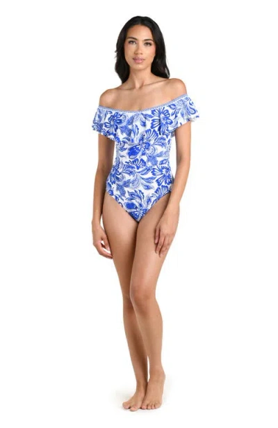 La Blanca Botanical Brocade Ruffle Off The Shoulder One-piece Swimsuit In White