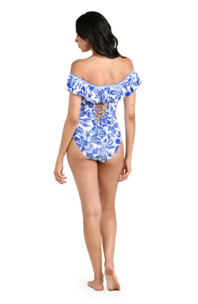 La Blanca Botanical Brocade Ruffle Off The Shoulder One-piece Swimsuit In White
