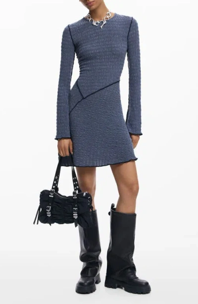 Desigual Pucker Knit Long Sleeve Body-con Dress In Blue