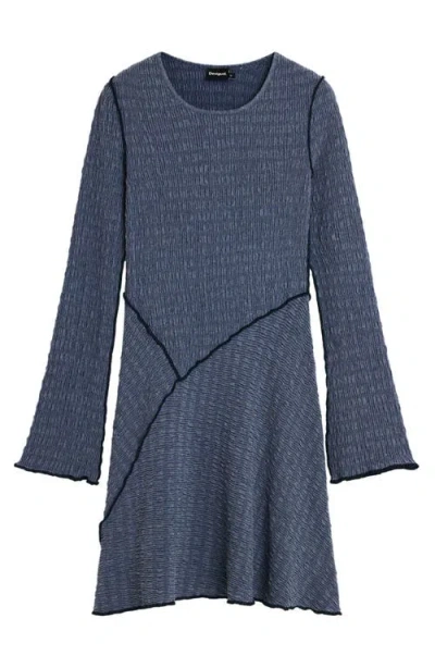 Desigual Pucker Knit Long Sleeve Body-con Dress In Blue