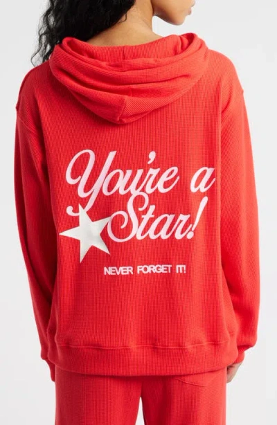 The Mayfair Group Relaxed Fit You Are A Star Waffle Knit Graphic Hoodie In Red