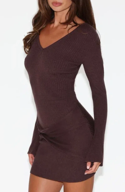 Tiger Mist Renner Long Sleeve Sweater Minidress & Scarf Set In Brown