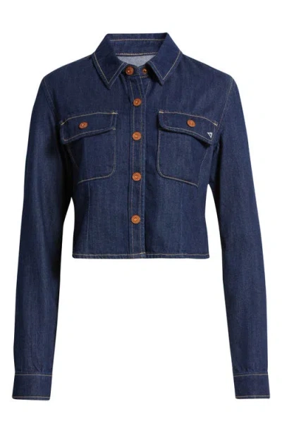 Hidden Jeans Tapered Crop Denim Button-up Shirt In Blue