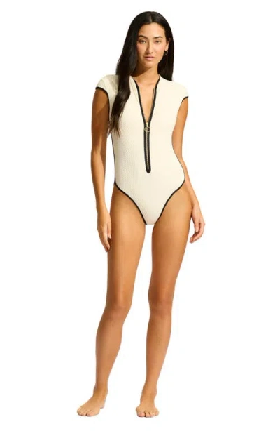 Seafolly Cap Sleeve Colorblock Zip-up One-piece Swimsuit In Neutral