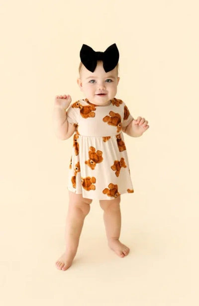 Posh Peanut Bear Print Twirl Skirted Bodysuit In Neutral