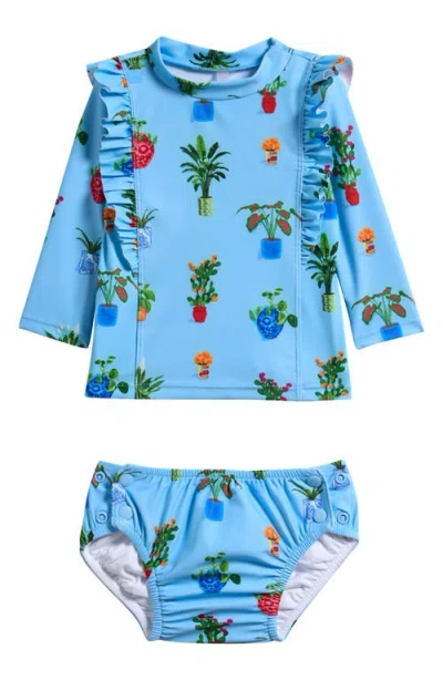 Seafolly Playa Bonita Ruffle Long Sleeve Upf 50+ Two-piece Rashguard & Reusable Swim Diaper Set In Blue