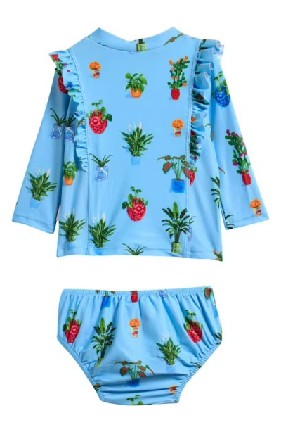 Seafolly Playa Bonita Ruffle Long Sleeve Upf 50+ Two-piece Rashguard & Reusable Swim Diaper Set In Blue