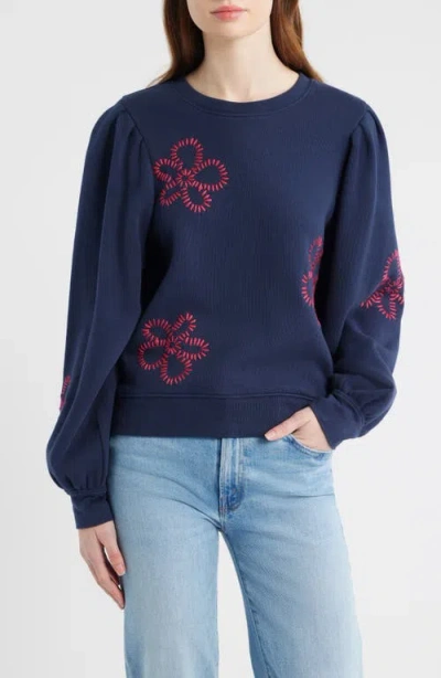 Rails Tiffany Floral Embroidered Balloon Sleeve Cotton Sweatshirt In Blue