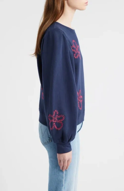 Rails Tiffany Floral Embroidered Balloon Sleeve Cotton Sweatshirt In Blue