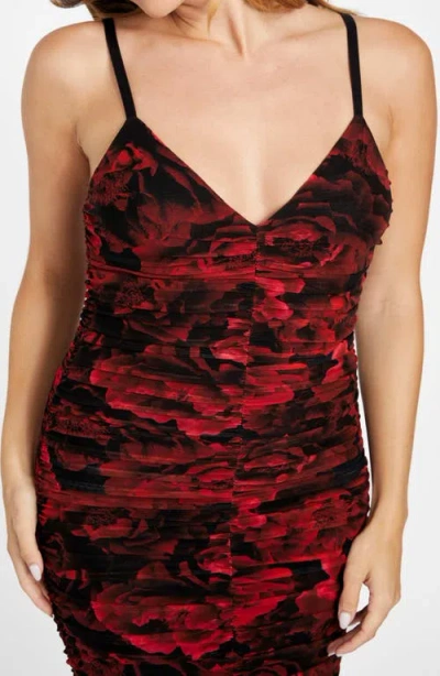Marciano Passion Flower Ruched Mesh Body-con Dress In Red