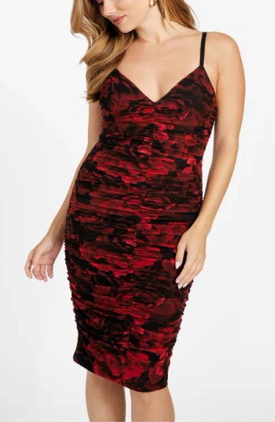 Marciano Passion Flower Ruched Mesh Body-con Dress In Red