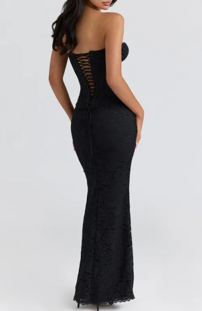 House Of Cb Solaine Lace-up Strapless Lace Corset Gown In Black