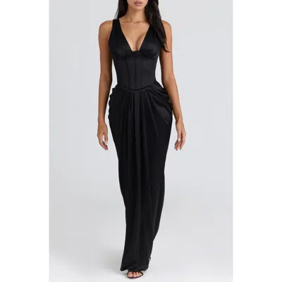 House Of Cb Womens Black Angeline Hourglass Plunge-neck Satin Maxi Dress In Black