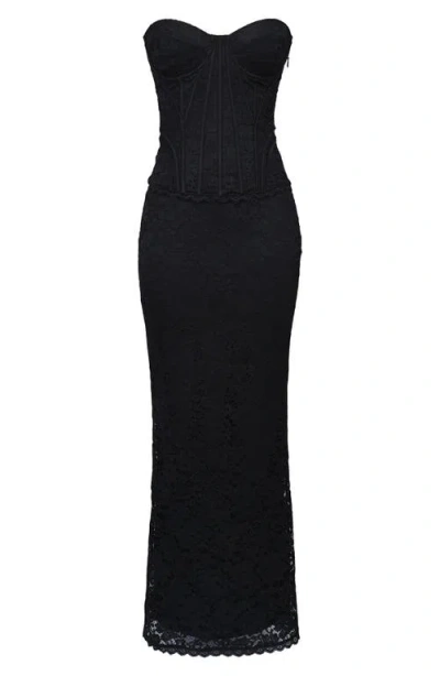 House Of Cb Solaine Lace-up Strapless Lace Corset Gown In Black