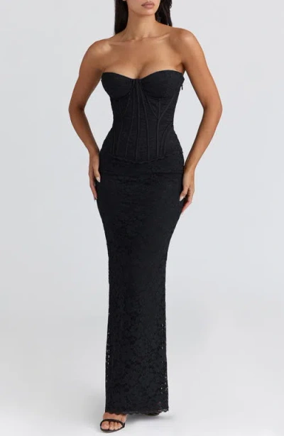 House Of Cb Solaine Lace-up Strapless Lace Corset Gown In Black