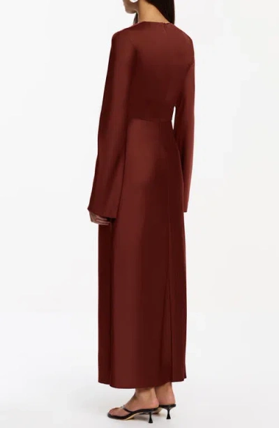 Significant Other Molly Cutout Twist Front Long Sleeve Satin Maxi Dress In Brown