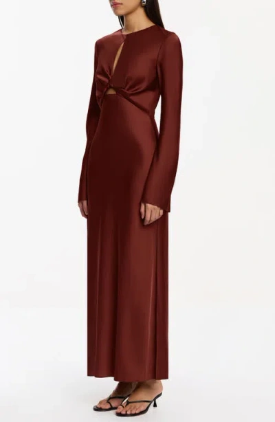 Significant Other Molly Cutout Twist Front Long Sleeve Satin Maxi Dress In Brown