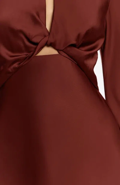 Significant Other Molly Cutout Twist Front Long Sleeve Satin Maxi Dress In Brown