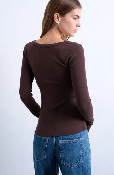 Topshop Premium Ribbed Long Sleeve Wide Scoop Neck Top In Brown