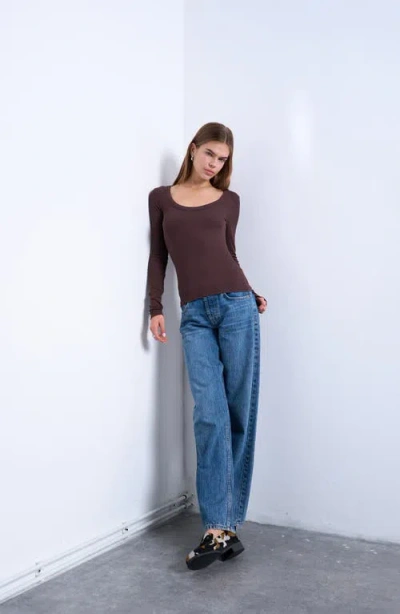 Topshop Premium Ribbed Long Sleeve Wide Scoop Neck Top In Brown