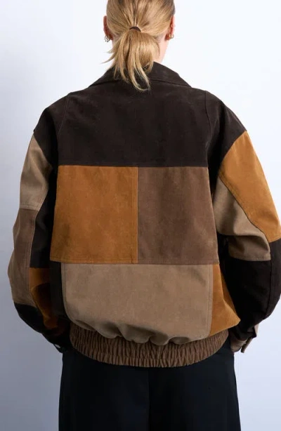 Topshop Faux Suede Patchwork Bomber Jacket In Multi