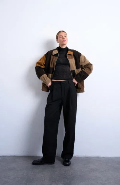 Topshop Faux Suede Patchwork Bomber Jacket In Multi