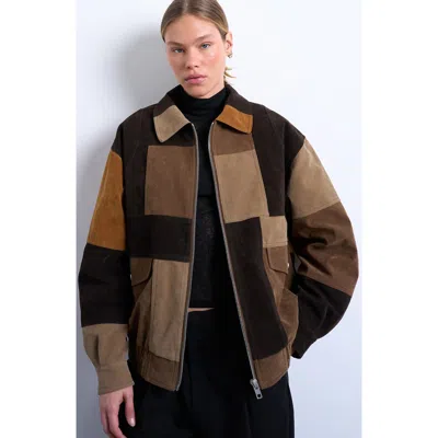 Topshop Faux Suede Patchwork Bomber Jacket In Multi