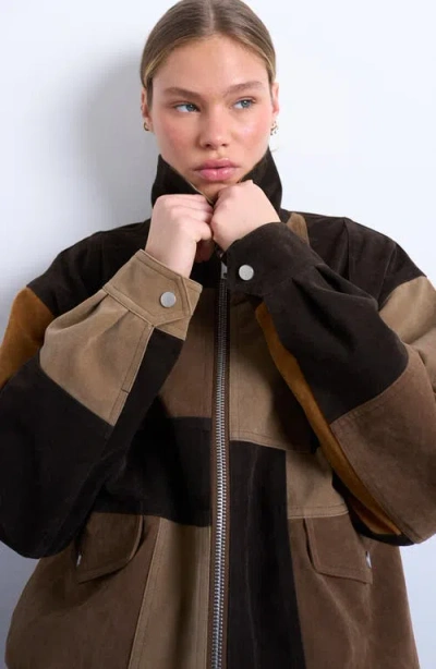 Topshop Faux Suede Patchwork Bomber Jacket In Multi