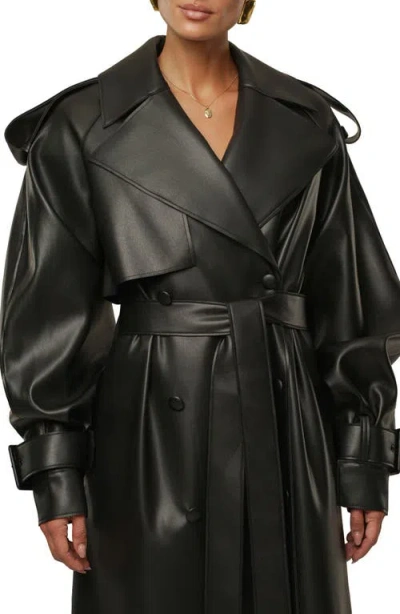Jluxlabel Icon Double Breasted Faux Leather Trench Coat In Black