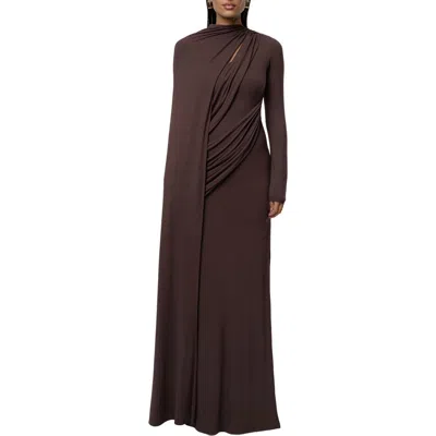 Jluxlabel Draped Elegance Long Sleeve Gown In Brown