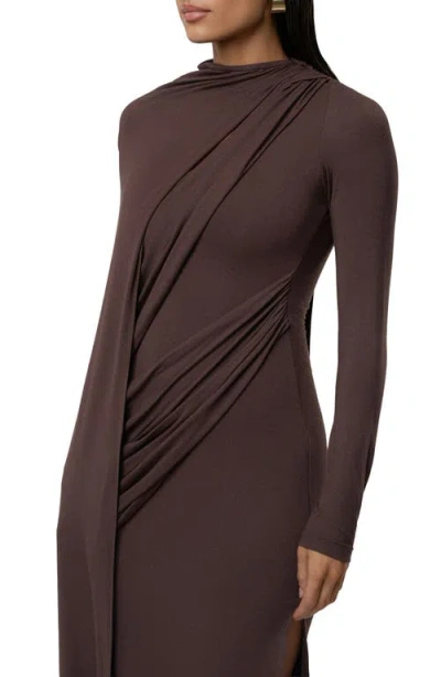 Jluxlabel Draped Elegance Long Sleeve Gown In Brown