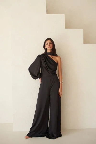 Vasiliki Amalia One Sleeve Satin Jumpsuit In Black