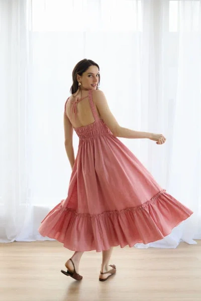 Vasiliki Amara Ruched Midi Linen Dress In Pink