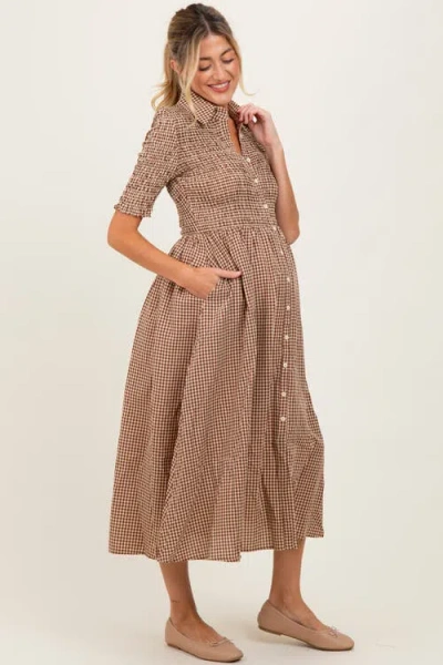 Pinkblush Gingham Smocked Button Down Midi Dress In Brown