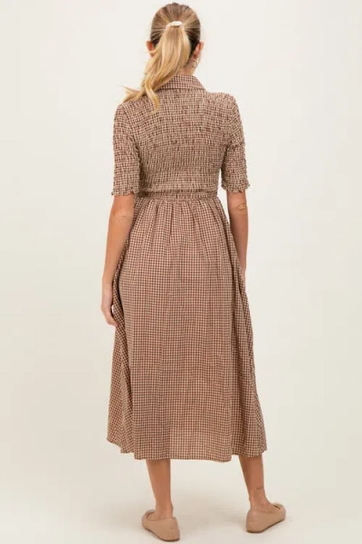 Pinkblush Gingham Smocked Button Down Midi Dress In Brown