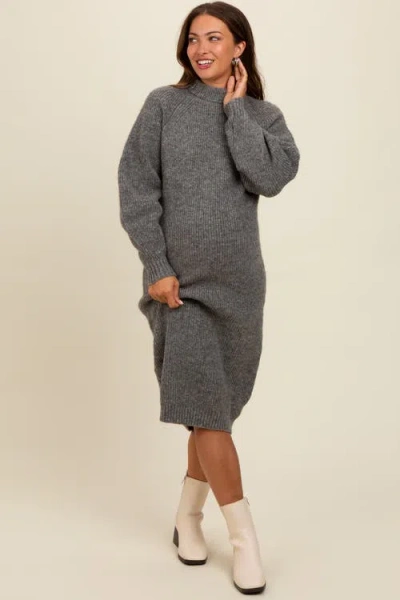 Pinkblush Mock Neck Bubble Sleeve Midi Sweater Dress In Gray