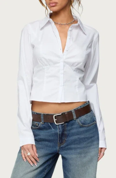 Edikted Laurna Crop Stretch Cotton Poplin Button-up Shirt In White