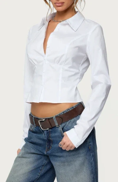 Edikted Laurna Crop Stretch Cotton Poplin Button-up Shirt In White