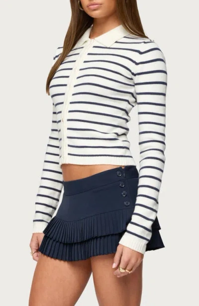 Edikted Loreen Stripe Collared Crop Cardigan In White