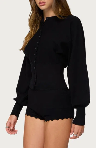 Edikted Maizy Puff Sleeve Scallop Detail Cardigan In Black