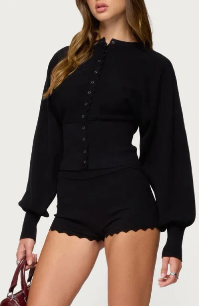 Edikted Maizy Puff Sleeve Scallop Detail Cardigan In Black