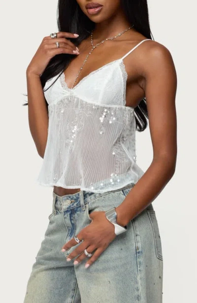Edikted Sheer Sequin Mesh Babydoll Camisole In White