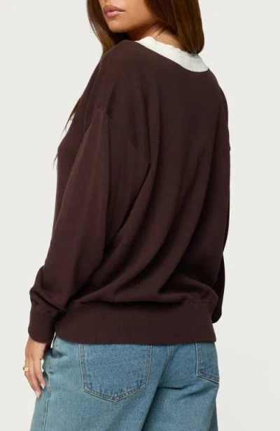 Edikted Marie Lace Contrast Cotton V-neck Sweater In Brown