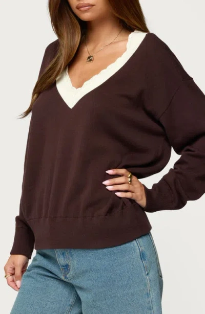 Edikted Marie Lace Contrast Cotton V-neck Sweater In Brown
