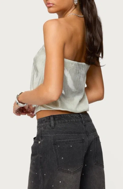 Edikted Leira Shimmer Strapless Blouson Top In Silver