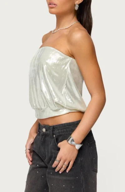Edikted Leira Shimmer Strapless Blouson Top In Silver