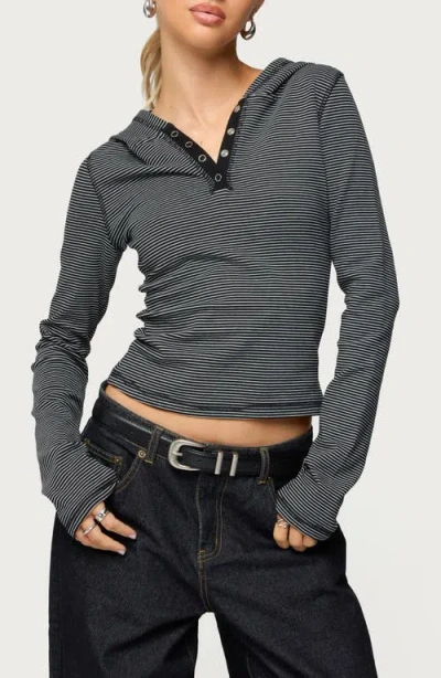 Edikted Damson Stripe Hooded Henley In Black