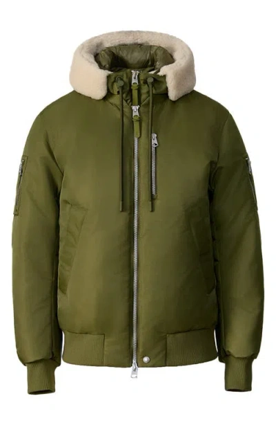 Mackage August Shearling Trim Down Bomber Jacket In Green