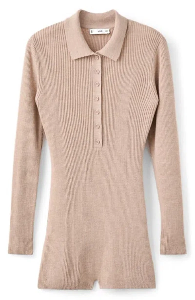Mango Polo Long Sleeve Rib Romper In Neutral