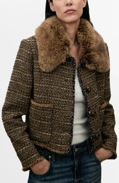 Mango Fringe Tweed Jacket With Faux Fur In Multi